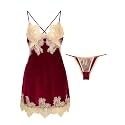 Lilosy Sexy Silk Lace Up Backless Satin Applique Floral Lace Babydoll Lingerie Dress with Tong 2 Piece