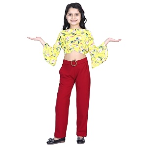 lilpicks girls39 cotton floral bell sleeves top with polyester stretchable pant set yellow amp maroon