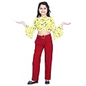 LILPICKS Girls' Cotton Floral Bell Sleeves Top with Polyester Stretchable Pant Set (Yellow & Maroon)