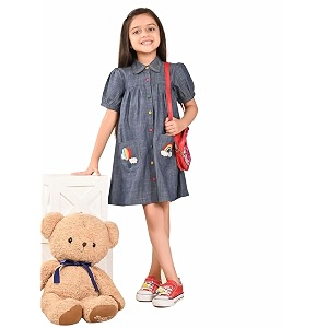 lilpicks solid button down embroidered pocket shirt dressfor girls blue