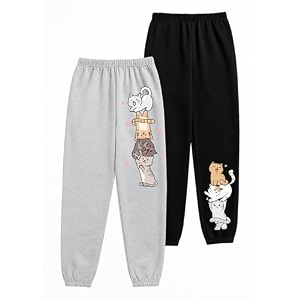 lily amp jade cute cartoon cat printed cotton jogger pants for kids  girls track pants for 2 to 16 years  pack of 2