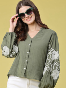 LIMEROAD Casual Embroidered Women Green Top