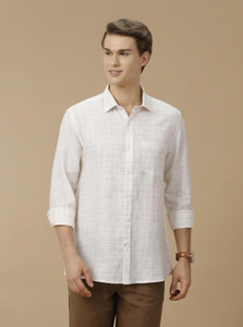 Linen Club Men Checkered Casual White Shirt