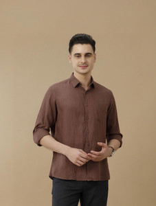 Linen Club Men Solid Casual Brown Shirt