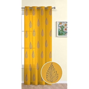 the linen company cotton linen solid door curtain set with steel eyelet rings - 75 x 45 feet leaf on mustard- 1 pcs