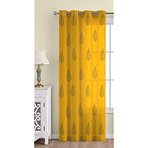 the linen company long door cotton sheer grommet curtains 10 feet decorative textured linen solid transparent curtain 1 pcs blue leaf on mustard l -304 cm w- 137 cm