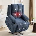 Linen Power Lift Recliner Chair for Elderly - Oversized Stand Assist Lift Chair with Massage & Heat | 155° Adjustable Lay Flat Recliner with 2 Cup Holders for Living Room,Dark Blue