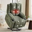 Linen Power Lift Recliner Chair for Elderly - Oversized Stand Assist Lift Chair with Massage &amp; Heat | 155° Adjustable Lay Flat Recliner with 2 Cup Holders for Living Room,Green