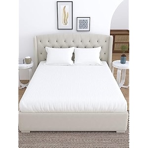 linenwalas 300 tc premium 100 cotton satin stripes cal king fitted bedsheet with 2 pillow covers - 7834x7834 - white