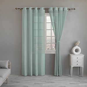 linenwalas aqua silver cotton linen sheer curtains 6 feet window curtain set of 2 solid curtains for kitchen bedroom curtains with eyelet rings light filtering 45x 6 ft