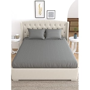 linenwalas 100 cotton stripe fitted sheet king size with 2 pillow covers hotel quality 200 thread count deep pocket and secure elastic soft bedsheet steel grey king - 72x78 inches