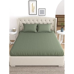 linenwalas 100 cotton stripe fitted sheet single size with 1 pillow cover hotel quality 200 thread count deep pocket and secure elastic soft bedsheet avocado green single - 36x78 inches