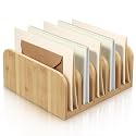 Lineshading Bamboo Letter Organizer, 5 Compartments Desk Mail Organizer, Desktop Envelope Holder and Letter Sorter, Countertop Paper File Holders with Anti Slip Mat for Home Office(Wood Color)