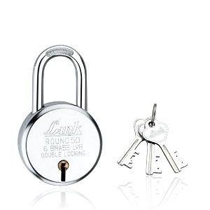 link 50mm round bcp padlock  50000 key combinations  double locking  hardened shackle  6 brass levers  steel body  1 padlock  3 silver keys  made in india 