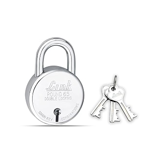 link 65mm new round key lock  steel body  iron liver  double locking  3 silver keys  1 lock  made in india