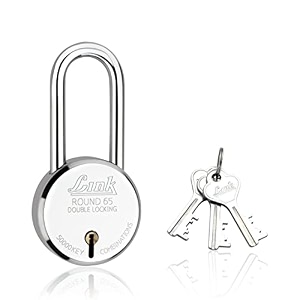 link 65mm new round padlock with long shackle  stainless steel body iron lever double locking mechanism includes 3 silver keys  durable security lock for home gate and shutter  made in india