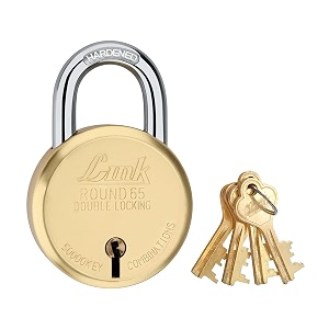 link 8 levers 65mm round padlock  hardened shackle  double locking  home door brass lock with 4 keys  made in india  gold pack of 1