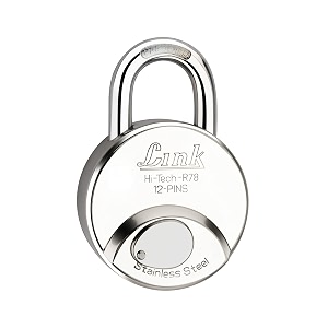 link hi-tech 78mm round lock stainless steel body  hardened shackle 1 padlock 3 silver keys with hi-tech nickle  made in india