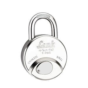 link hi-tech 67mm round lock  stainless steel body  hardened shackle 1 padlock3 silver keys with hi-tech nickle amp keychain  made in india