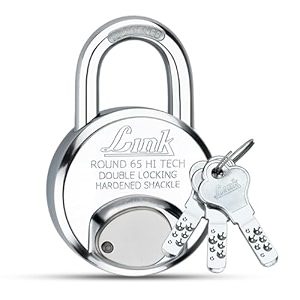 link hi-tech 65mm round lock  stainless steel body  hardened shackle  1 padlock  3 iron keys with hi-tech nickle  15 year warranty