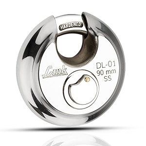 link disc lock 90mm padlock  stainless steel body  hardened shackle  3 silver keys with hi-tech nickle  1 padlock  made in india  10 years warranty