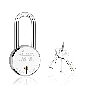 link locks round 65mm long shackle padlock with 3 keys lock for main door gate shops office silver finish 2 years warranty