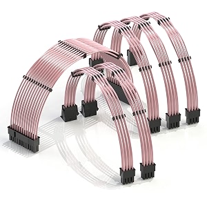 linkup - psu cable extension 16awg oxygen free copper ofc teflon jacket custom mod gpu pc wcomb kit1 x 24 p 2042 x 8 p 44 cpu3 x 8 p 62 gpu set30cm 300mm - pink