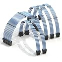 LINKUP - PSU Cable Extension 16AWG Oxygen Free Copper (OFC) Teflon Jacket Custom Mod GPU PC w/Comb Kit┃1 x 24 P (20+4)┃2 x 8 P (4+4) CPU┃3 x 8 P (6+2) GPU Set┃30CM 300MM - Blue