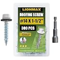 LIONMAX Metal Roofing Screws #14 x 1-1/2 Inch, 300PCS, White, Rubber Washer