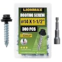 LIONMAX Metal Roofing Screws #14 x 1-1/2 Inch, 300PCS, Black, Rubber Washer