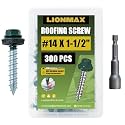 LIONMAX Metal Roofing Screws #14 x 1-1/2 Inch, 300PCS, Green, Rubber Washer