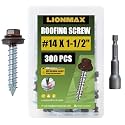 LIONMAX Metal Roofing Screws #14 x 1-1/2 Inch, 300PCS, Brown, Rubber Washer