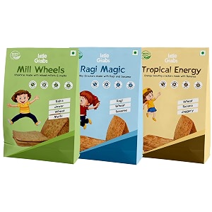 little grabs millet khakhra snack combo  ragi jowar amp banana flavours  healthy baked snack for kids amp adults  no palm oil or maida  hand roasted  cold-pressed sunflower oil  pack of 3 x 100g