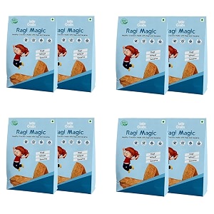 little grabs - ragi magic millet khakhra snack - 100gm each pack of 8 with 11g protien  no palm oil amp maida hand roasted  calcium rich healthy crispy khakhra for bones amp growth  organic cold-pressed sunflower oil