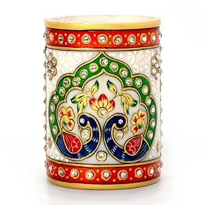 little india gold meenakari mayur design white marble pen stand 386 white