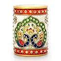 Little India Gold Meenakari Mayur Design White Marble Pen Stand (386, White)