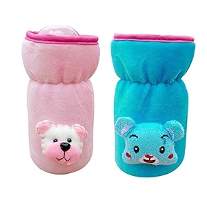 the little lookers bottle cover for feeders soft plush stretchable baby feeding bottle cover with easy to hold strap  suitable for 120ml 140ml amp 150ml pack of 2