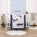 Little Love by NoJo Soar High Little One Navy, Light Blue, Orange, and White Airplanes, Clouds, and Stars 3 Piece Nursery Crib Bedding Set - Comforter, Fitted Crib Sheet and Crib Skirt