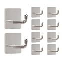 Livabber Adhesive Towel Hooks, 304 Stainless Steel Self Sticky Wall Hooks Waterproof Shower Hooks for Robe/Clothes, No Drilling Towel Hangers for Bathroom Kitchen Bedroom (Brushed Nickel, 10 Packs)