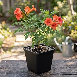 live flame vine plant in pot  orange trumpet vine  tecoma creeper