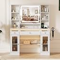 LIVELYGLOW 43.3" White Large Makeup Vanity Desk with Glass Top & RGB Lights
