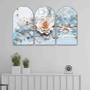 livin39luxe 3d white floral wall painting set of 3  modern abstract flower art on mdf panels  elegant blue amp gold home dcor for living room bedroom amp hall 20 x 30 inch rpns-35305