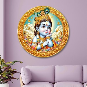 livin39luxe bal krishna round wall art  3d embossed mdf panel with golden rim  cute lord krishna divine decor  spiritual wall hanging for home pooja room amp living space 20 x 20 inch grl-314