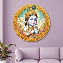 Livin'luxe Bal Krishna Round Wall Art | 3D Embossed MDF Panel with Golden Rim | Cute Lord Krishna Divine Decor | Spiritual Wall Hanging for Home, Pooja Room &amp; Living Space |(20 x 20 Inch) GRL-314
