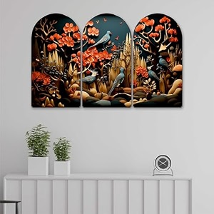 livin39luxe birds amp forest theme arch shape wall painting set of 3  sparkle laminated hd print on mdf  premium nature landscape wall art for living room bedroom home dcor 30 x 50 inch rpnl-35350