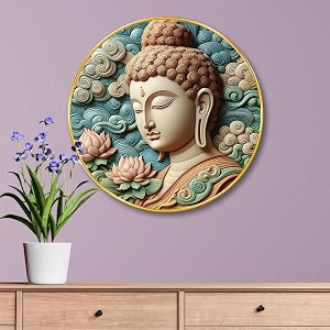 livin39luxe colorful buddha round wall art  3d embossed mdf panel  peaceful spiritual decor with lotus motifs  elegant golden rim frame for home meditation room amp office wall 20 x 20 inch grl-300