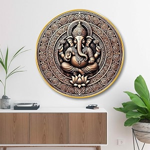 livin39luxe elegant lord ganesha round wall art  3d embossed texture  mdf panel with golden border  spiritual amp artistic home decor for living room temple or office wall 20 x 20 inch grl-297