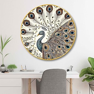 livin39luxe elegant mandala peacock round wall art  3d embossed mdf panel with golden rim  artistic home amp office wall decor  intricate peacock design for living room bedroom 16 x 16 inch grm-306