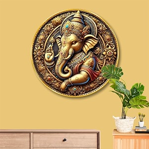 livin39luxe golden ganesha round wall art  3d embossed mdf panel with royal detailing  lord ganesh spiritual wall hanging for home temple amp office  artistic golden frame 23 x 23 inch gr-310