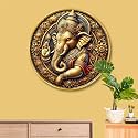 Livin'luxe Golden Ganesha Round Wall Art | 3D Embossed MDF Panel with Royal Detailing | Lord Ganesh Spiritual Wall Hanging for Home, Temple &amp; Office | Artistic Golden Frame (16 x 16 Inch) GRM-310
